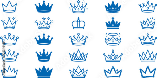 Collection of various royal crowns and tiaras in blue on white background for luxury and royalty concepts