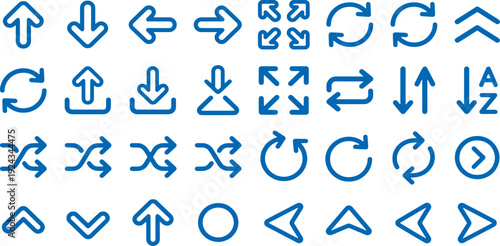Collection of blue arrow icons on white background for navigation and direction