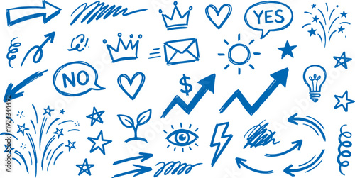 Collection of blue hand drawn business and social media icons symbols and doodles on white background for marketing communication and design