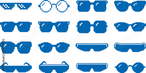 Collection of various blue sunglasses icons on white background for design and fashion concepts