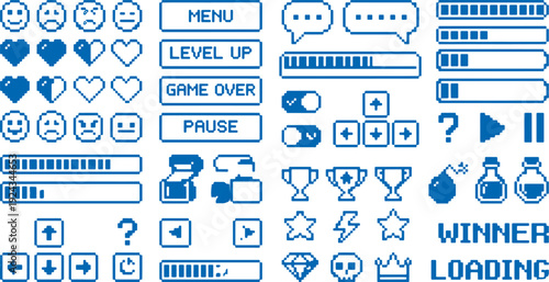 Collection of blue gaming interface icons and buttons for web and app design including menu level up game over pause winner loading and various emoticon symbols on white background
