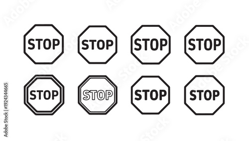 Set of Octagonal Stop Signs with Different Border Styles on White Background