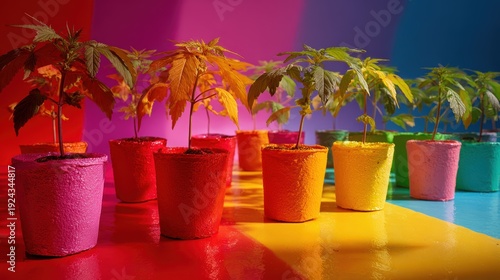 Colorful Botanical Display: A vibrant arrangement of potted plants bursts with color, creating a lively and artistic composition.