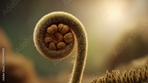 Fiddlehead Fern Unfurling: A detailed macro shot reveals the delicate spiral of a fiddlehead fern, its new frond unfurling in the warm sunlight, symbolizing growth and renewal.