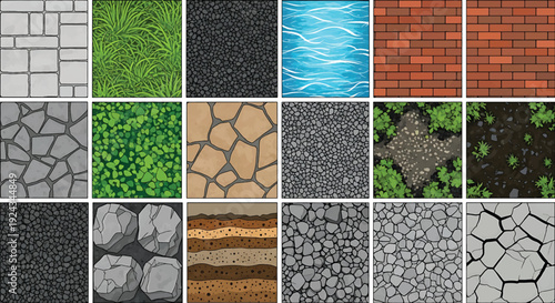 Seamless Terrain and Surface Texture Tiles: Stone, Grass, Pebble, Water, Brick and Soil Patterns