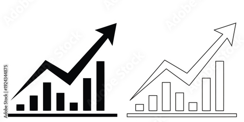 Two icons illustrating financial growth with a rising line graph over bar charts, solid and outline