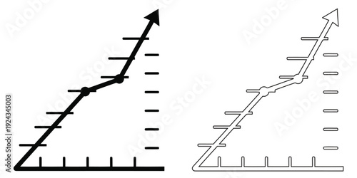 Line graph showing upward trend with arrow and tick marks, black and white vector