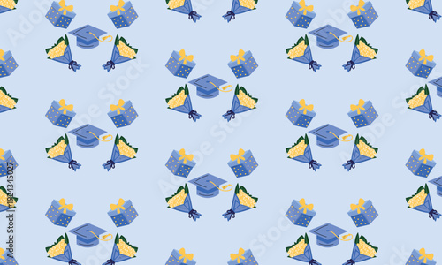 Graduation pattern background with graduation caps flower bouquets and gift boxes celebration design