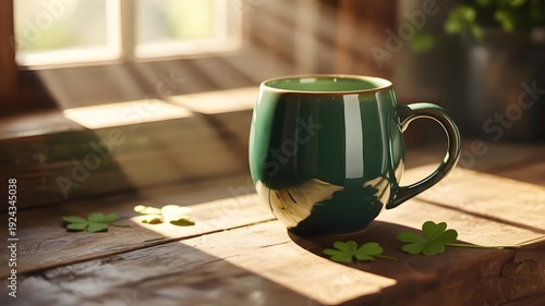Glossy green mug with shamrock leaves – Suitable for Irish heritage celebrations, morning rituals, or café promotions.