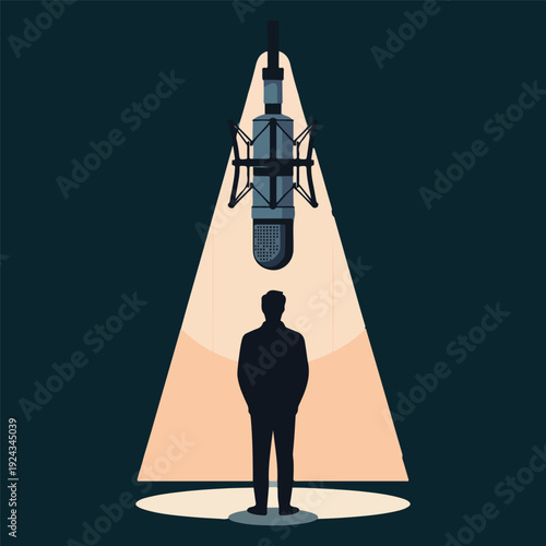 Man standing under spotlight with microphone for public speaking or podcasting silhouette vector