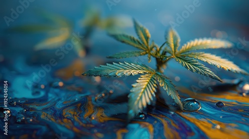 Cannabis Plant in a Dreamlike Setting: A close-up shot of a cannabis plant, its vibrant green leaves standing out against a backdrop of swirling, colorful liquid and water drops.