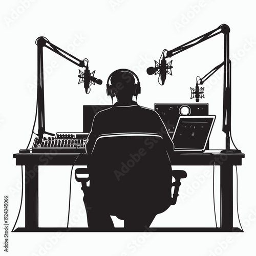 Pod caster Silhouette at Desk with Microphones and Equipment