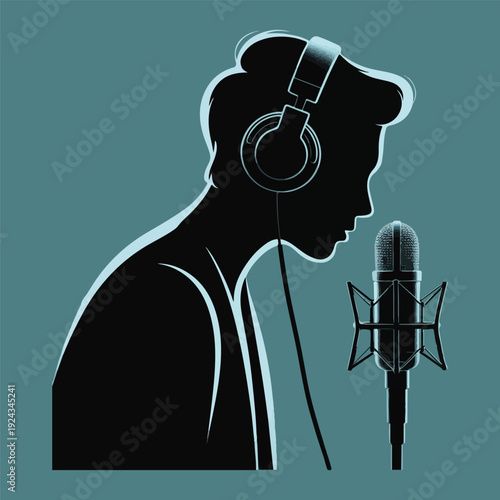 Musician recording in studio with microphone and headphones on pod cast silhouette
