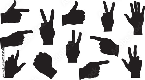 Black silhouettes of hands making gestures on white background pointing thumbs up