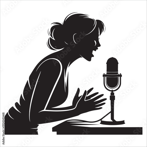 Woman recording podcast at desk with vintage microphone in professional studio silhouette vector