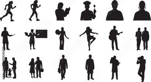 Black silhouettes of people in various occupations and activities on white background