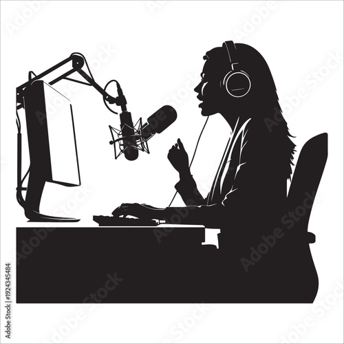 Female pod caster recording audio with professional microphone and headphones in studio