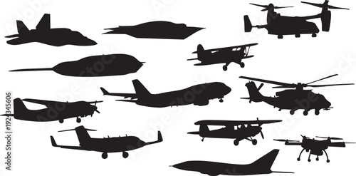 Black silhouettes of various airplanes and helicopters on white background