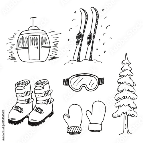 A set of black and white line art illustrations of winter sports equipment and accessories