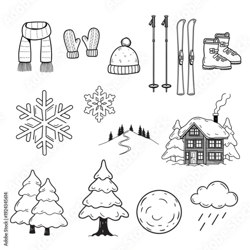 A black and white vector graphic illustration of various winter elements, including snowflakes, trees, and skiing gear