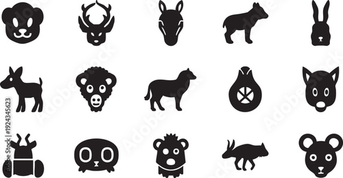 Black silhouettes of various animal heads and bodies on white background animal silhouettes