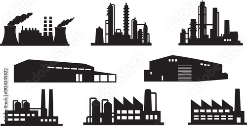 Industrial buildings and factories silhouettes black
