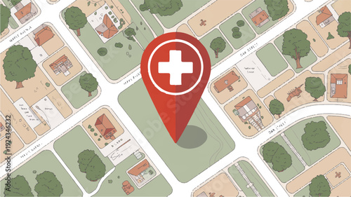 Detailed neighborhood map illustration with medical location marker