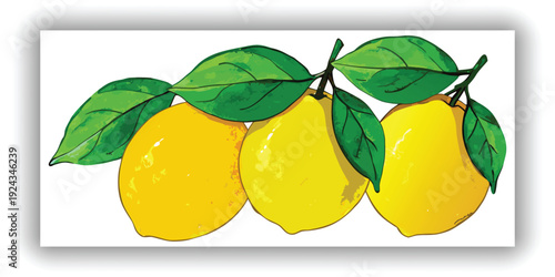 A watercolor painting depicts three lemons with green leaves against a transparent background. The lemons are the primary subjects, painted in vibrant shades of yellow with subtle tonal variations and
