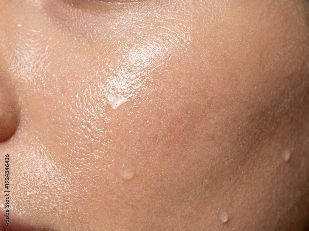 Fototapeta premium Extreme macro shot of authentic human skin with water drops and texture. Concept of deep hydration, sweat, and dermatology. Detailed pores and natural freckles in soft light.
