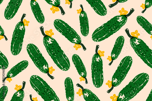 Green cucumber pattern. Seamless print of fresh organic vegetables, trendy farm food backdrop for packaging design, wallpaper, fabric. Vector whole cucumber texture