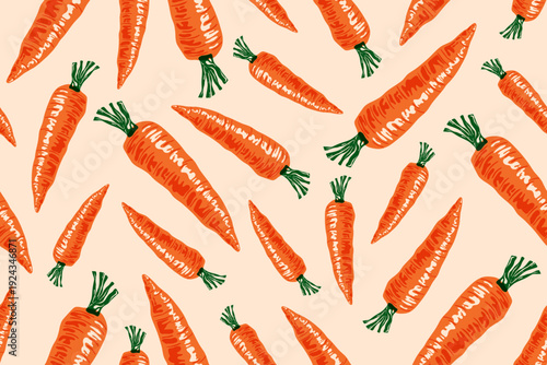 Carrot pattern. Seamless print of fresh organic root vegetables, trendy farm food backdrop for packaging design, wallpaper, fabric. Vector carrots texture