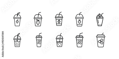 Fruit juice and smoothie line icon set with strawberry milkshake cup, iced berry shake, tropical refreshment straw, cold takeaway beverage more vector illustration editable stroke.