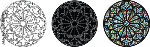 Collection of Gothic rose window designs including line art silhouette and stained glass styles perfect for architectural or decorative elements