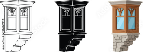 Collection of balcony window designs including outline silhouette and colored vector illustrations for architectural visualization and design