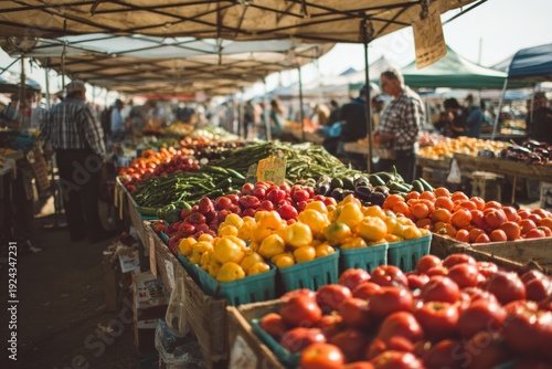 Fresh produce at bustling outdoor market on sunny day