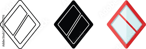 Collection of diamond-shaped icons representing windows or divided panes in outline solid black and red framed styles for design elements