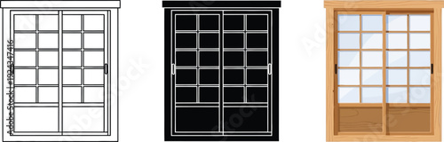 Collection of Shoji screen doors traditional Japanese sliding windows in outline black silhouette and wood grain styles for architectural design