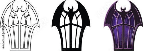 Gothic bat window icon set stylized silhouette and gradient designs for Halloween or fantasy themes vector illustration