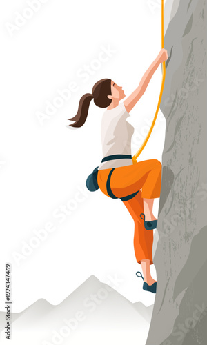   A girl climbs a steep cliff.