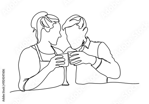 Man and woman hold cup together one line drawing. Vector illustration.