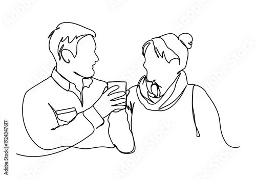 Man and woman hold cup together one line drawing. Vector illustration.