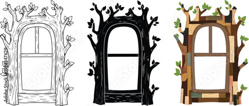 Collection of stylized tree windows unique architectural elements in outline silhouette and wood texture styles for fantasy or nature-themed designs