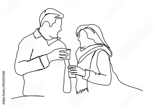 Man and woman hold cup together one line drawing. Vector illustration.