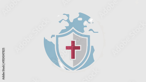 Medical shield icon with red cross on gray background for healthcare
