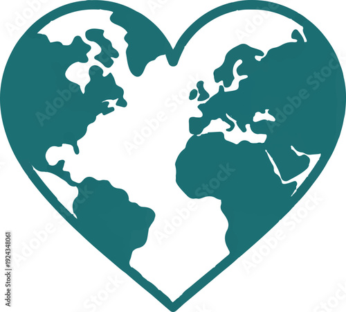 Teal heart shaped world map on white background symbolizing global love and unity