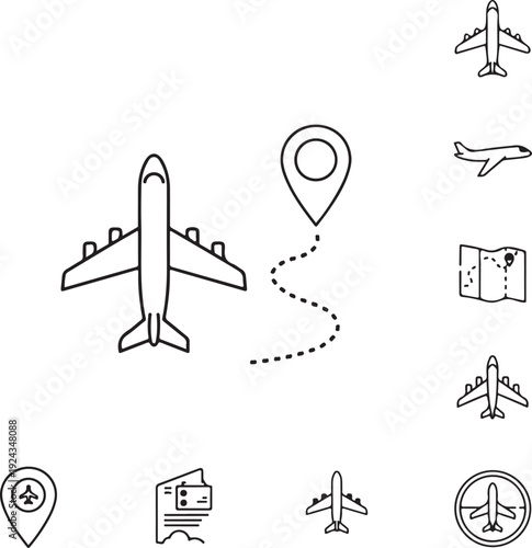 Aviation travel theme with planes and map location markers. Flight origin and route symbol illustration for transport concept design