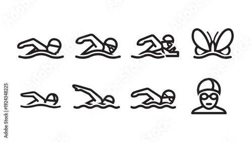 Swimming Styles Icon Set: Freestyle Butterfly Backstroke Breaststroke and Swimmer Head Icon