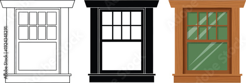 Collection of vintage window illustrations including outline black and wood frame styles perfect for architectural design and renovation concepts