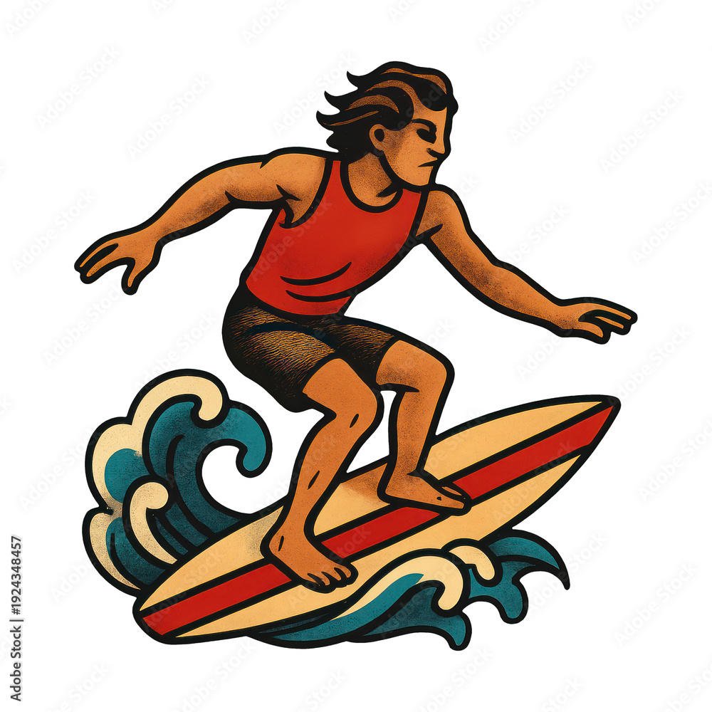 Fototapeta premium PNG Retro surfer riding wave