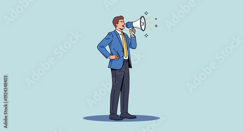 Businessman in suit holding a megaphone making an announcement.